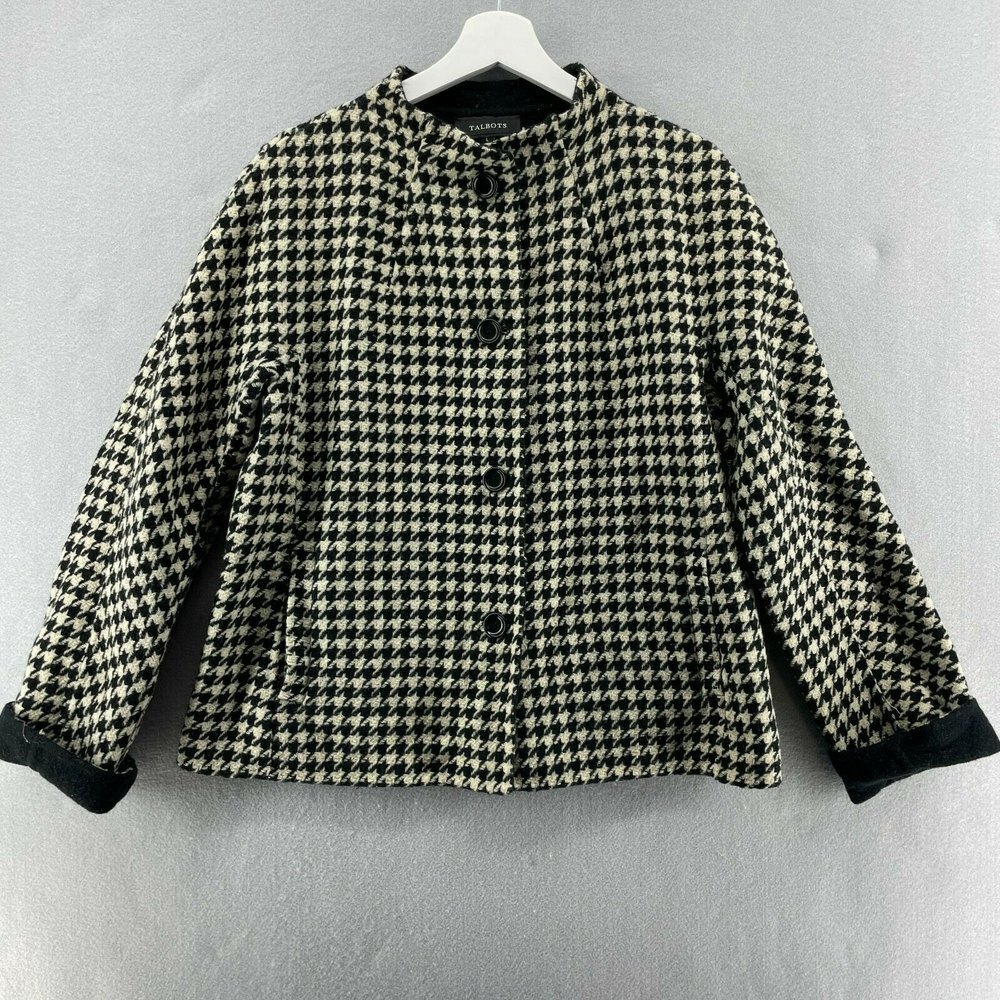 Talbots Wool Houndstooth Knit Jacket Womens Large Coat Sweater Career Dogtooth